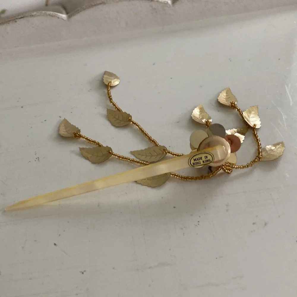 Vintage Gold Flower Hair Stick Pin with Gold Leaf Tassels. Made in Hong Kong